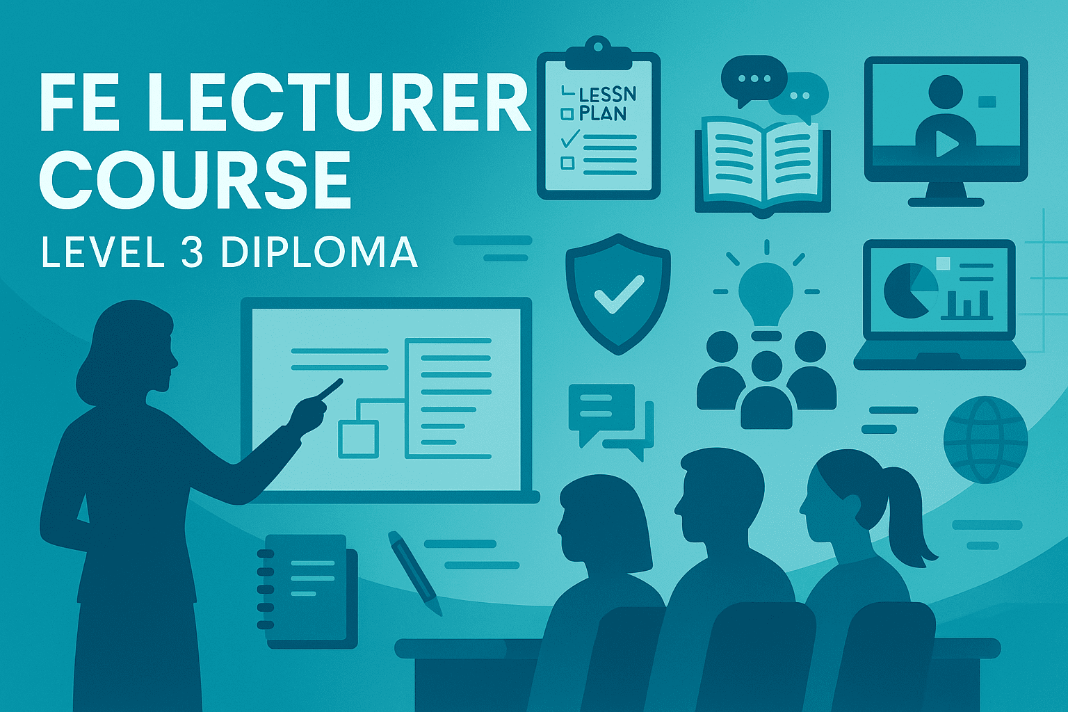 FE lecturer course banner with classroom visuals, teaching icons, digital tools and inclusive learning graphics.