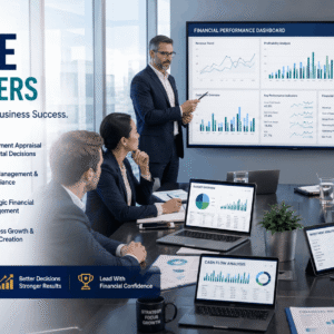 Business managers reviewing financial reports during Finance for Managers professional training
