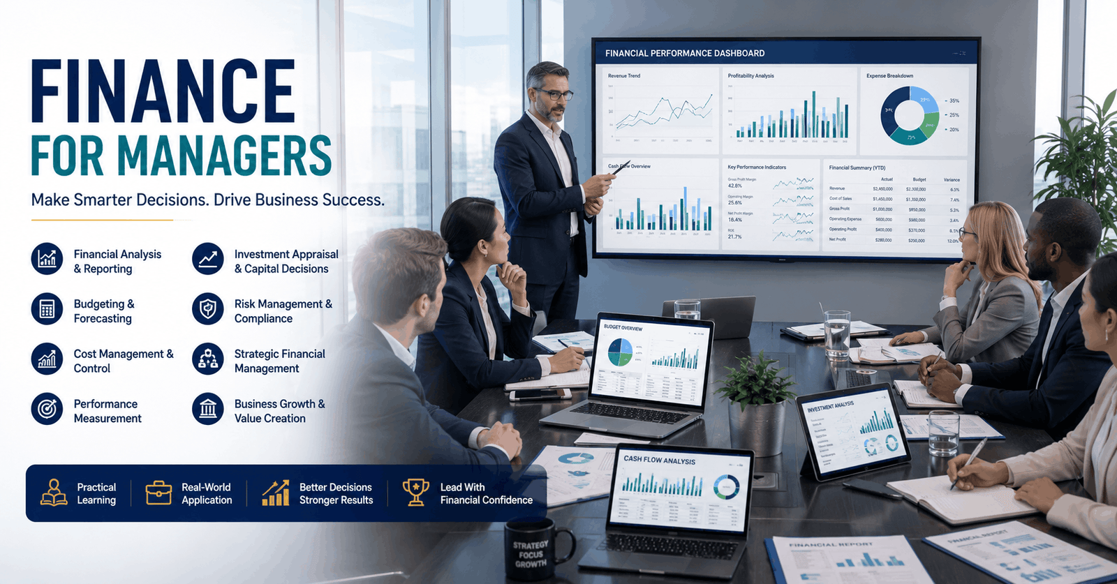 Business managers reviewing financial reports during Finance for Managers professional training