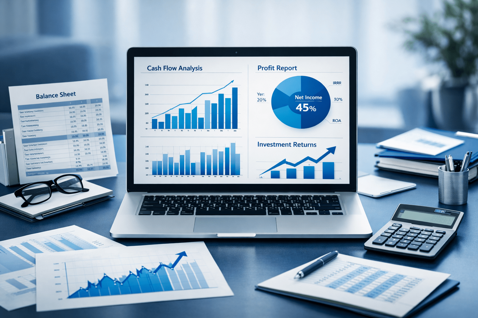 finance fundamentals course showing financial charts, balance sheets and growth analysis on a professional learning workspace