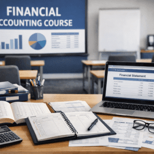 Professional classroom scene illustrating financial accounting course concepts such as journals, ledgers, and accounting records