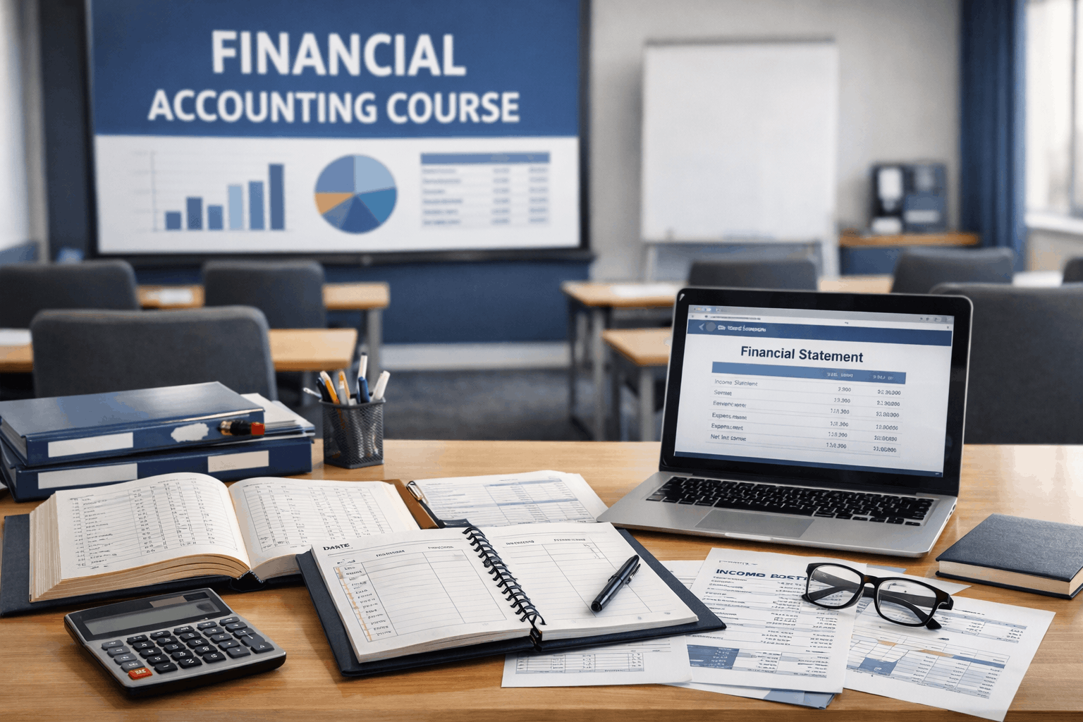 Professional classroom scene illustrating financial accounting course concepts such as journals, ledgers, and accounting records