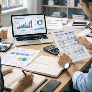 Learners studying financial management using financial reports, profit and loss statements, and accounting records.
