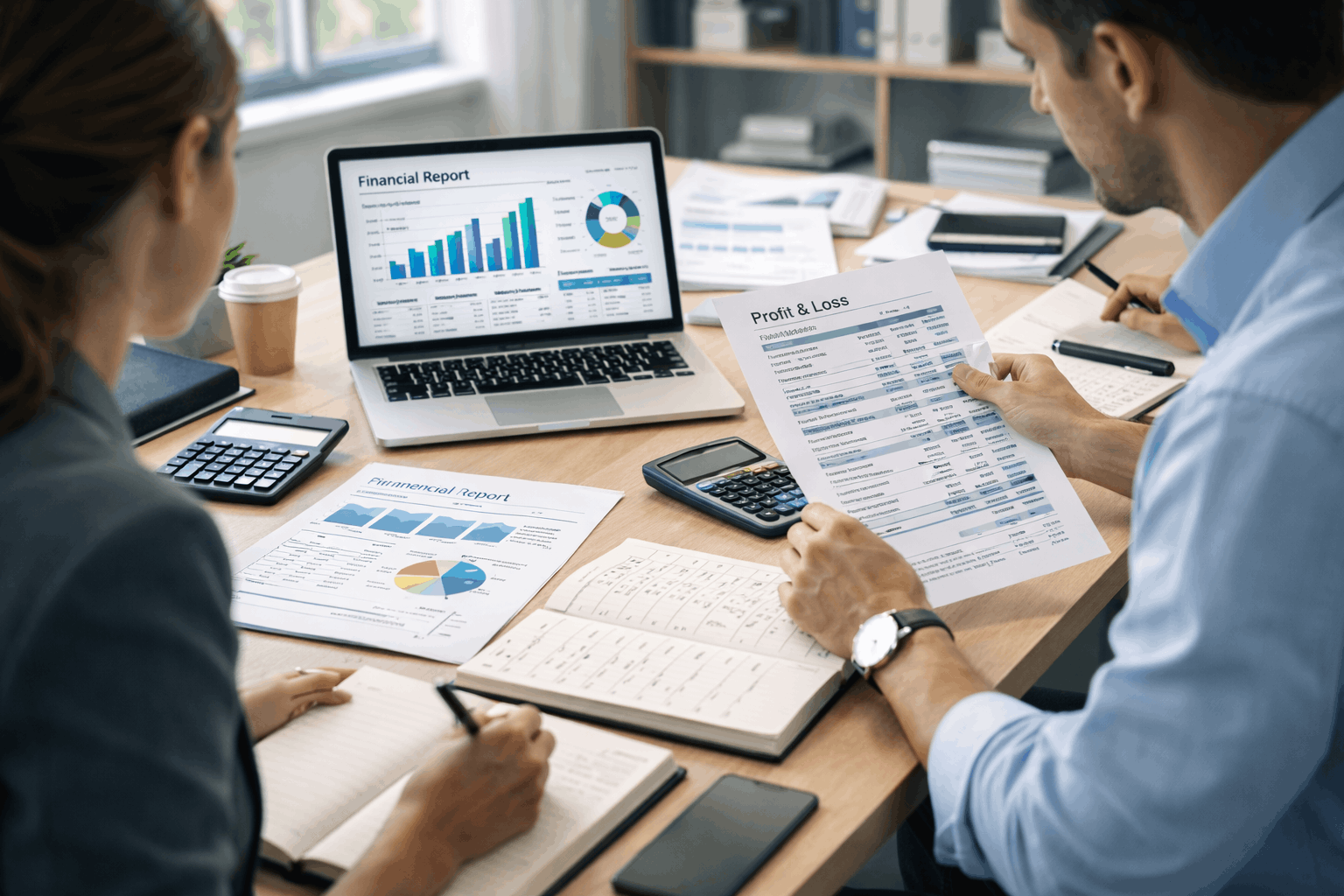Learners studying financial management using financial reports, profit and loss statements, and accounting records.