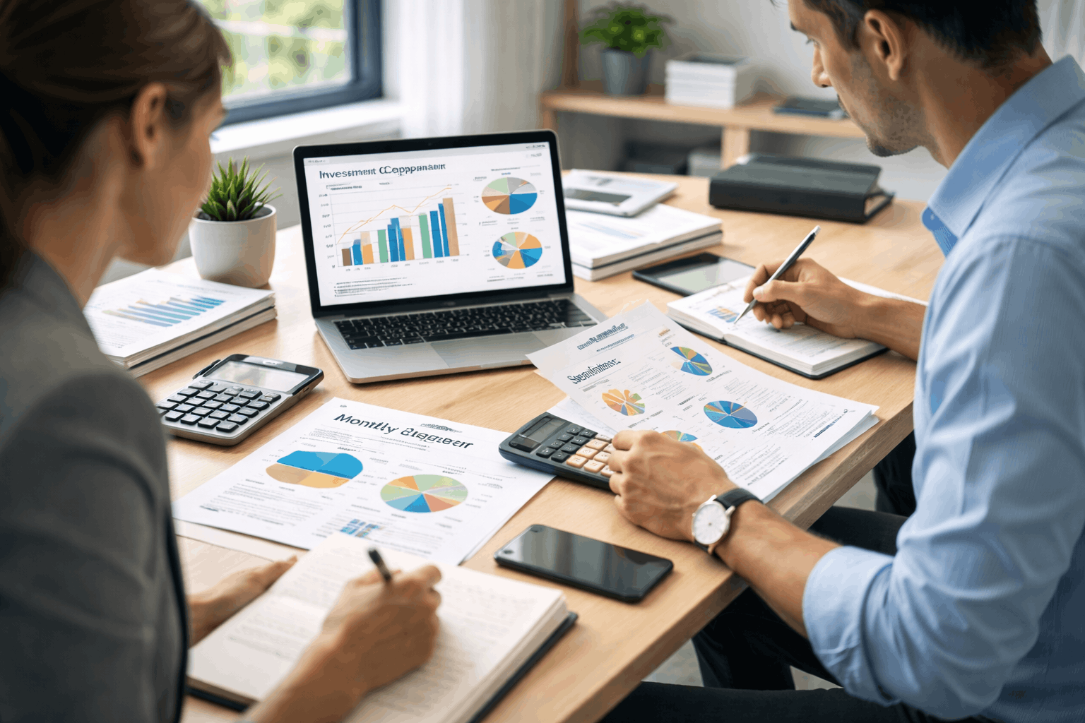 Learners studying financial planning using budget charts, investment comparisons, and financial reports in a modern workspace.