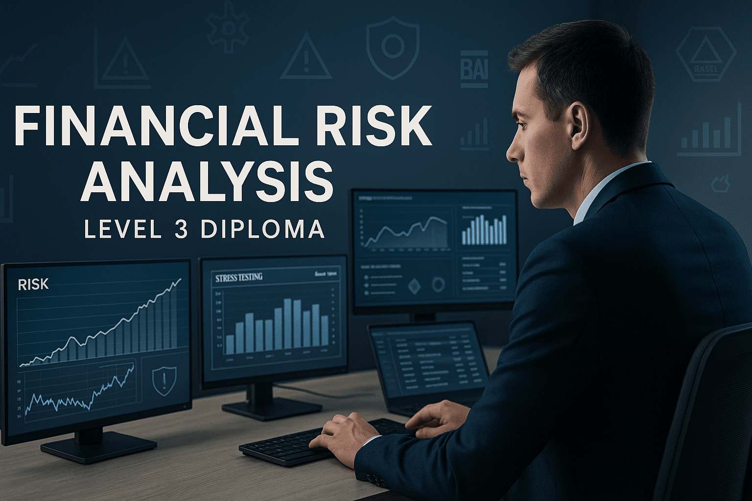 Financial Risk Analysis course banner showing analyst reviewing risk charts, financial models, and regulatory dashboards on multiple screens.
