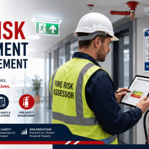 Professional conducting Fire Risk Assessment in a commercial building with safety equipment and emergency planning tools
