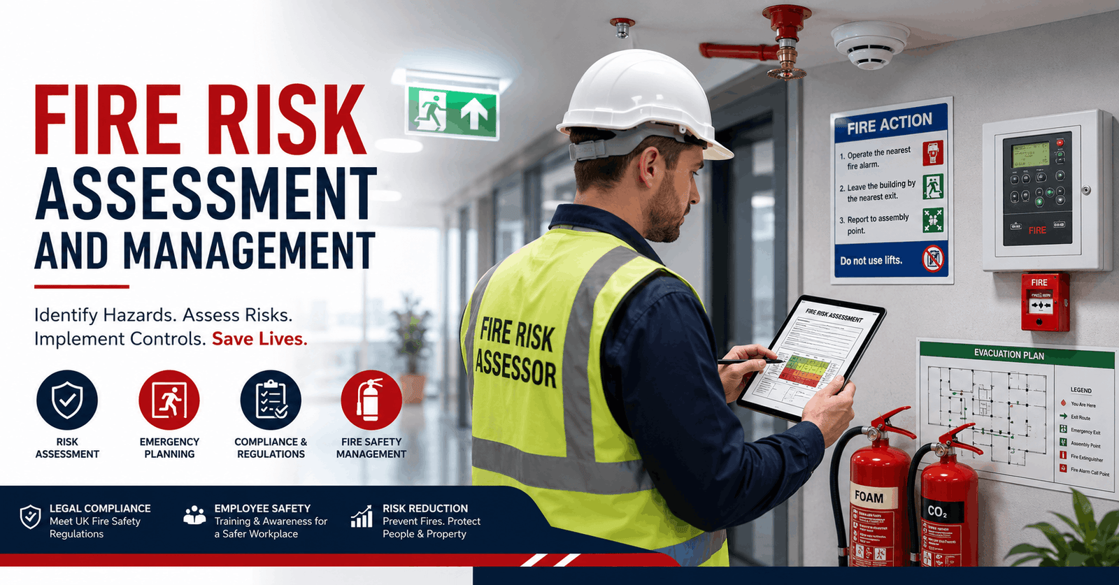 Professional conducting Fire Risk Assessment in a commercial building with safety equipment and emergency planning tools