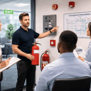 Employees receiving fire safety training with fire extinguishers, alarms, and emergency exit signage in a workplace setting