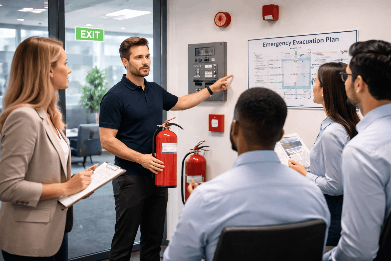 Employees receiving fire safety training with fire extinguishers, alarms, and emergency exit signage in a workplace setting