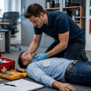 First Aid at Work training showing a workplace first aider providing emergency assistance