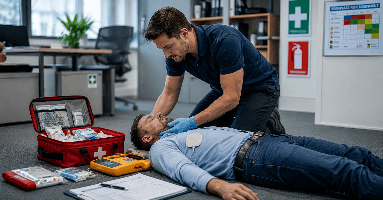 First Aid at Work training showing a workplace first aider providing emergency assistance