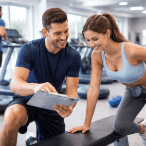 Fitness instructor course showing a professional trainer coaching a client through strength and cardio exercises in a modern gym