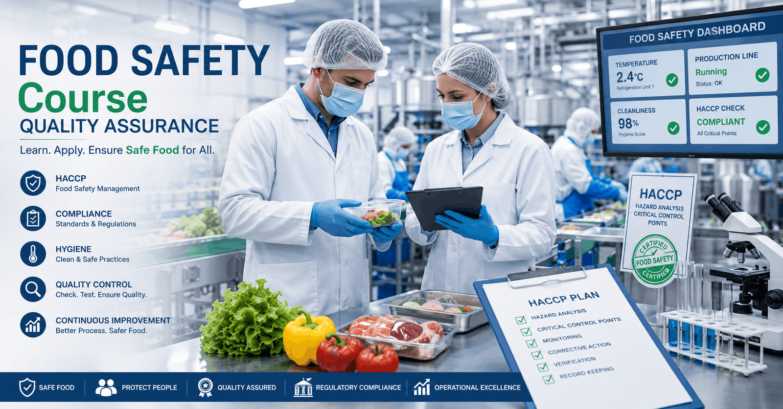 Food industry professionals applying food safety course principles in a modern quality assurance environment