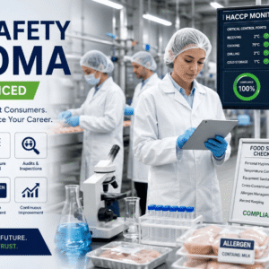 Food Safety Diploma training showing food safety inspection, HACCP monitoring, and hygiene compliance in a food facility