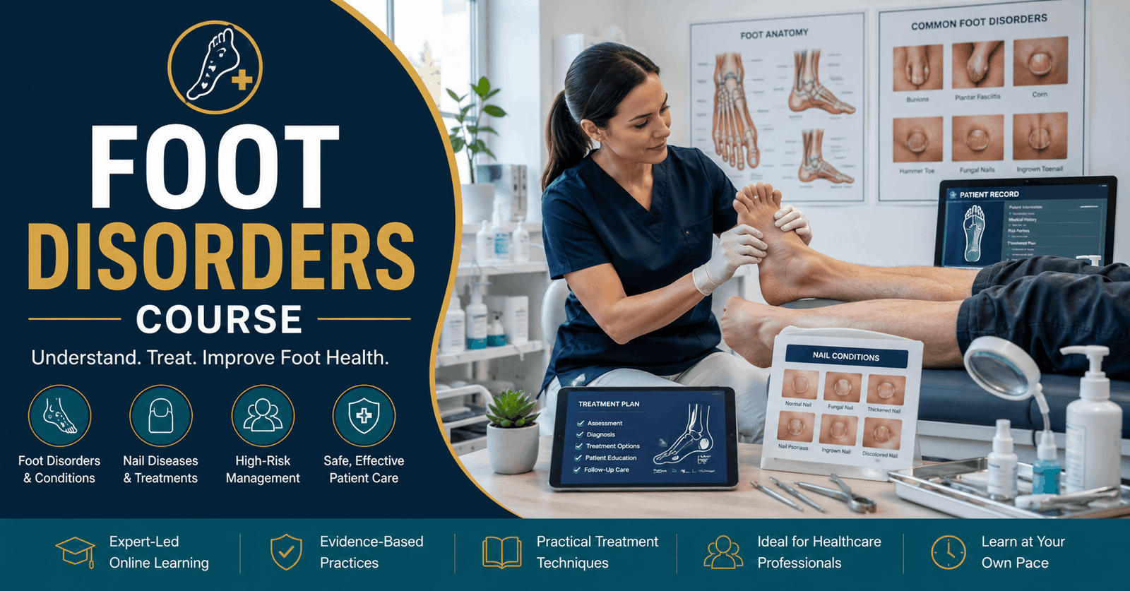 Foot Disorders Course showing foot health specialist assessing foot conditions in a clinical setting