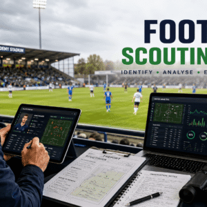 Professional football scout evaluating players during a match in a Football Scouting Course Level 2 setting