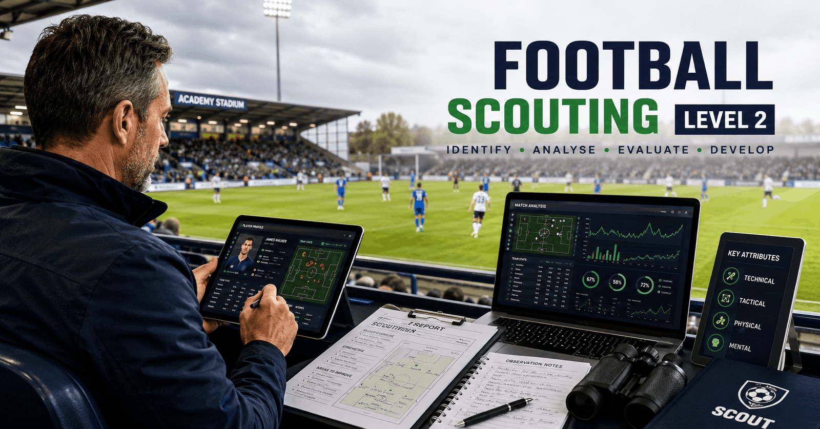 Professional football scout evaluating players during a match in a Football Scouting Course Level 2 setting