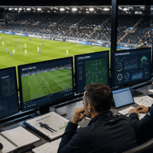 Professional football scout analysing player performance and match data in a Football Scouting Diploma setting