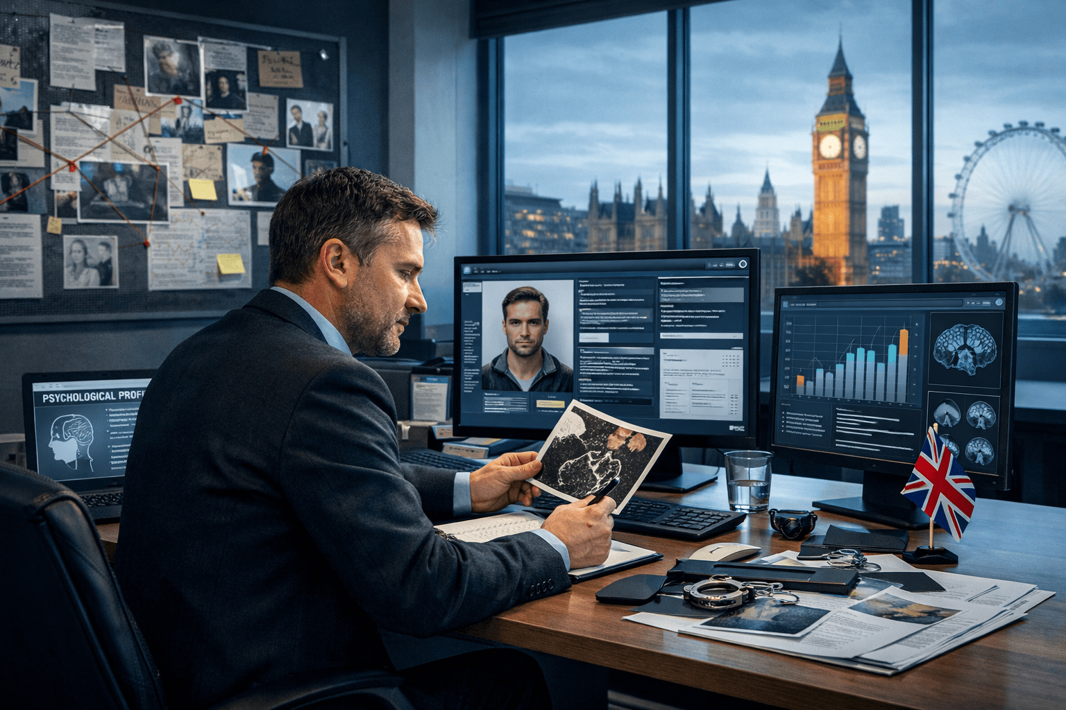 Forensic psychology diploma Level 8 showing a forensic psychologist analysing criminal behaviour in a modern investigation office