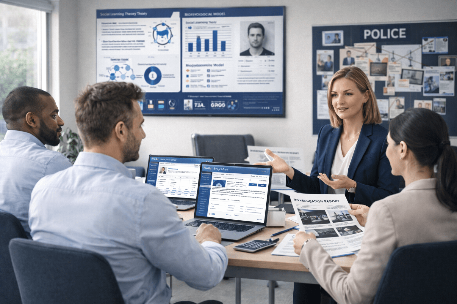 Forensic psychology training course showing a psychologist analysing criminal behaviour and courtroom evidence