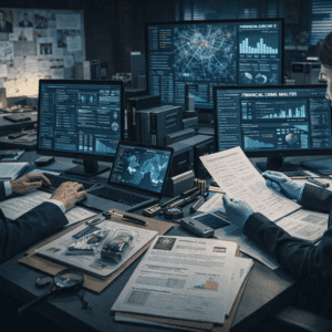 Forensic science course showing crime analysis tools, evidence review, financial crime reports, and investigative workspace