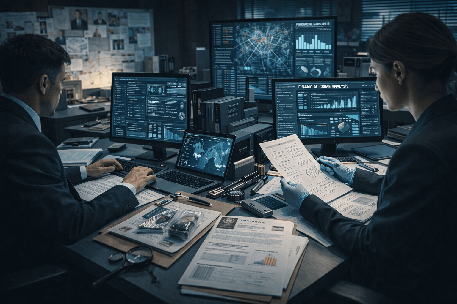 Forensic science course showing crime analysis tools, evidence review, financial crime reports, and investigative workspace
