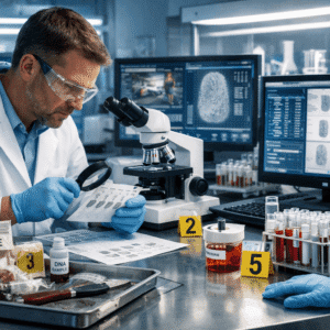 Professional forensic laboratory scene showing evidence analysis tools used in a forensic science course for criminal investigations.