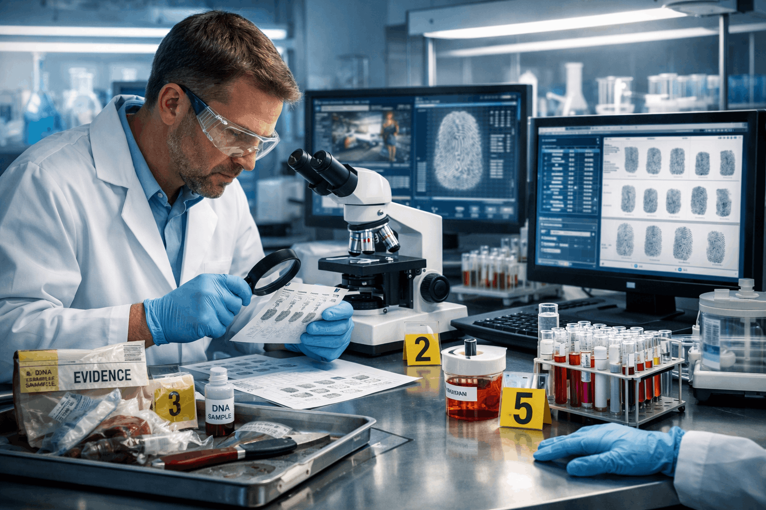 Professional forensic laboratory scene showing evidence analysis tools used in a forensic science course for criminal investigations.