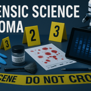 Forensic Science Diploma Level 3 banner showing lab tools, evidence markers and forensic equipment.