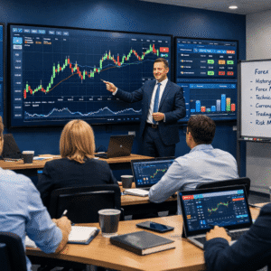 Professional forex trading course showing learners studying currency charts and trading strategies on digital screens