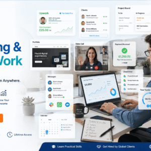 Professional Freelancing Remote Work course featuring a freelancer using a laptop with clients, projects, and remote work tools.