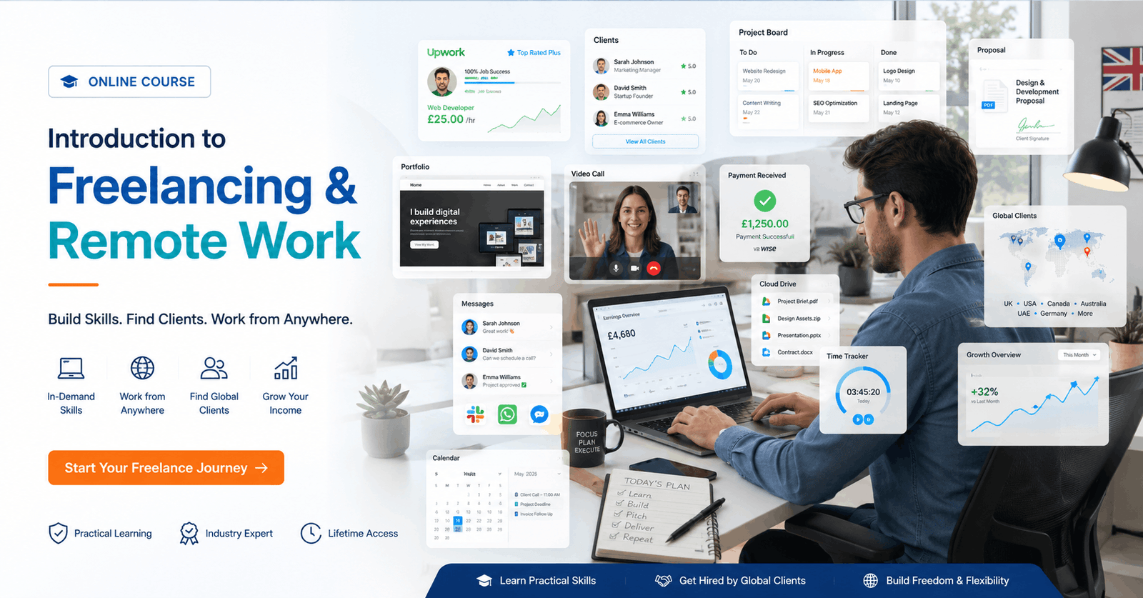 Professional Freelancing Remote Work course featuring a freelancer using a laptop with clients, projects, and remote work tools.