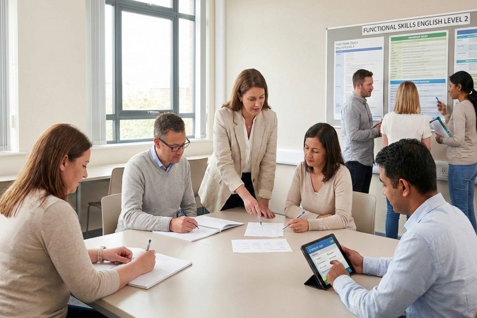 Functional skills English Level 2 students studying grammar, sentences and punctuation in a modern learning environment