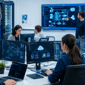 Professional learner studying Functional Skills IT concepts including networking, hardware, and cloud technology