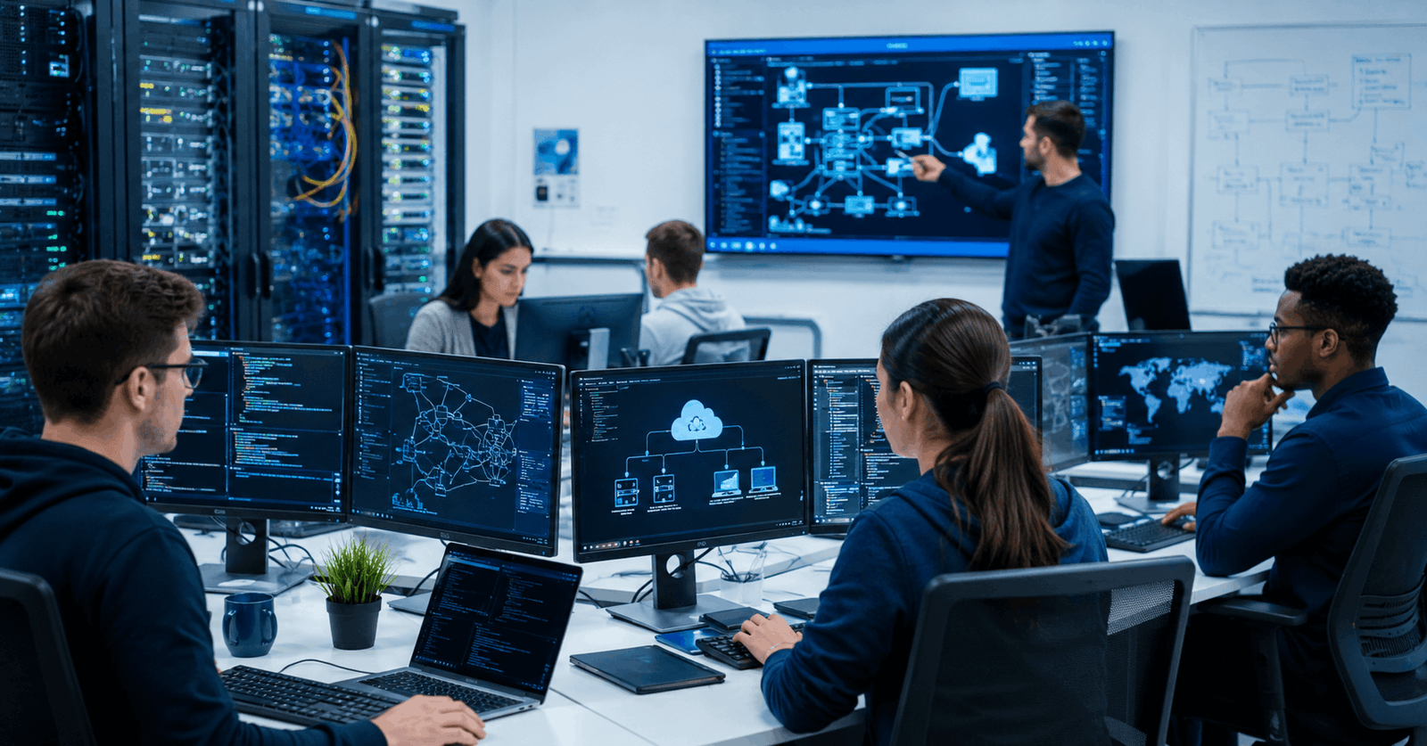 Professional learner studying Functional Skills IT concepts including networking, hardware, and cloud technology