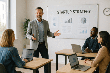 Instructor teaching fundamentals of entrepreneurship to adult learners in a modern classroom setting.