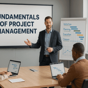 Instructor teaching fundamentals of project management with planning charts and team discussion