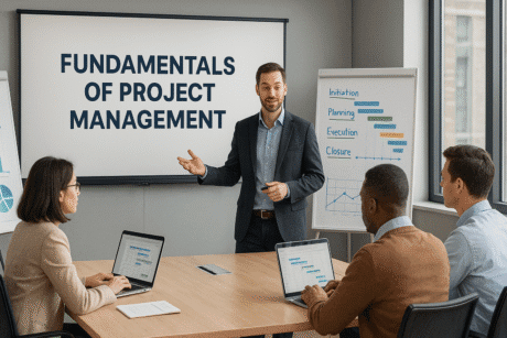 Instructor teaching fundamentals of project management with planning charts and team discussion