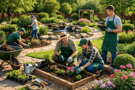 Professional gardening and landscaping training showing garden design, planting, pathways and water features in a landscaped outdoor space