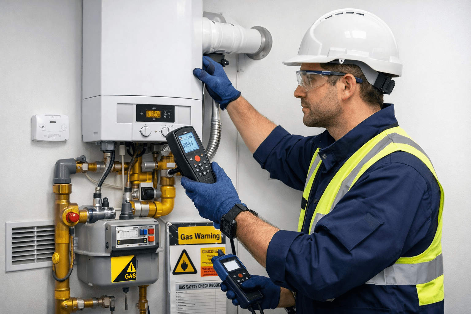 gas engineer training showing a professional inspecting gas appliances, ventilation and safety controls in a modern UK home