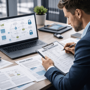 Compliance professional reviewing policies and data flows during GDPR practitioner training in a modern UK office.