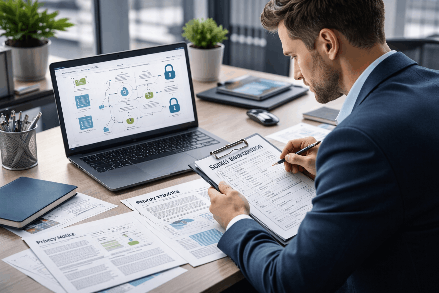 Compliance professional reviewing policies and data flows during GDPR practitioner training in a modern UK office.