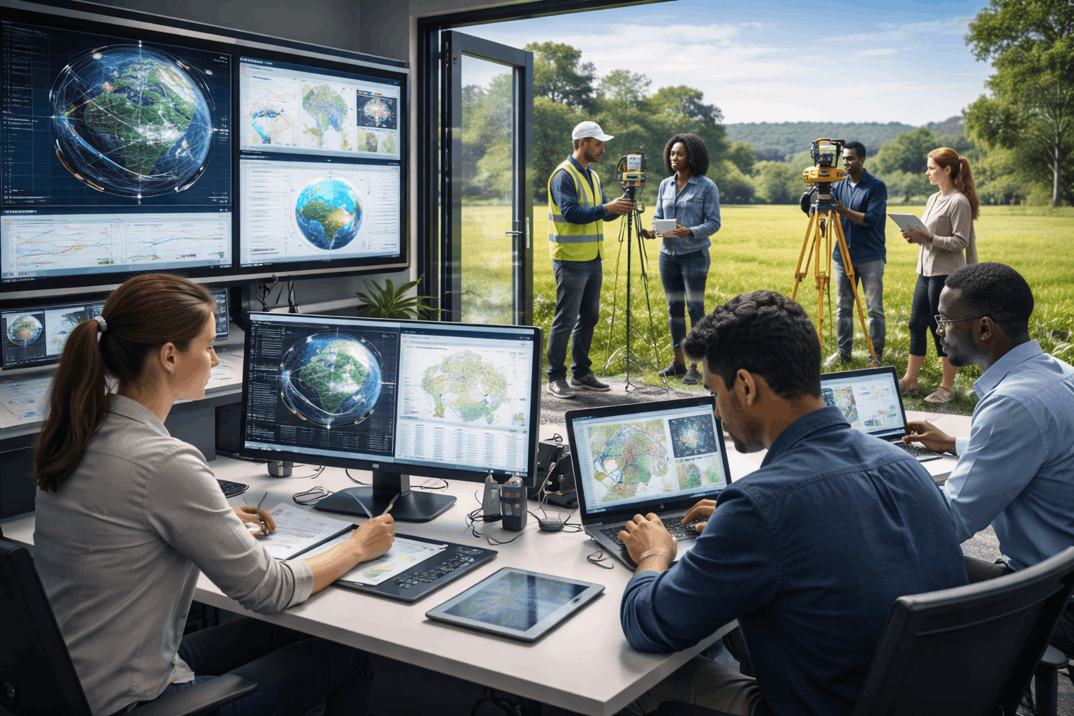 Surveying professionals using GNSS instruments and geodetic data in a Geodetic Surveying Diploma Level 3 Advanced setting