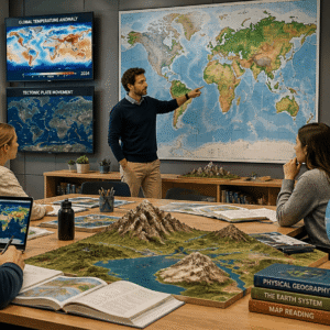 Geography course showing maps, landforms, and Earth features in a modern educational setting