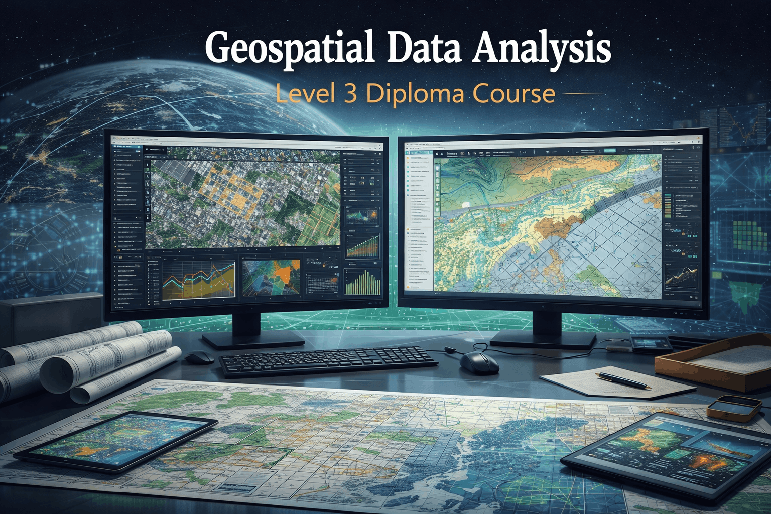 Geospatial data analysis showing GIS maps, spatial data layers, satellite imagery, and analytical visualisations