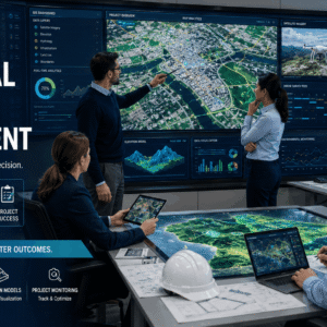 Professionals managing geospatial project management tasks using GIS maps, satellite data, and digital dashboards