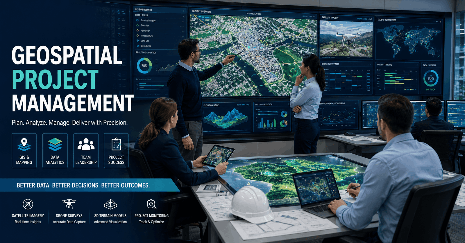 Professionals managing geospatial project management tasks using GIS maps, satellite data, and digital dashboards