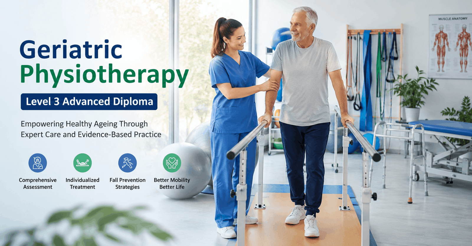 Healthcare professional providing Geriatric Physiotherapy exercises to an older patient in a rehabilitation setting