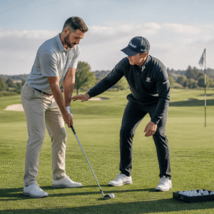 Professional golfer teaching swing techniques in a golf coaching course on a modern course